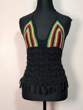 Rasta Crochet Fringe Halter Top - Bohemian Festival Style